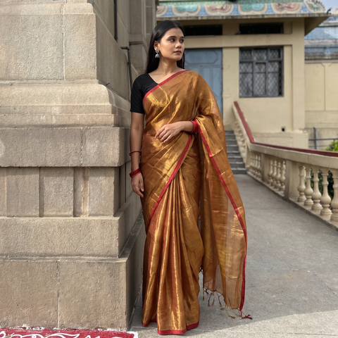 Brown Bengal Fine Tissue Zari Saree, draped and worn by a woman, AI visual of the saree, iTokri