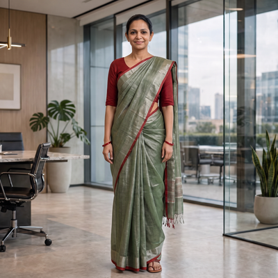 Green Bengal Fine Tissue Zari Saree, draped and worn by a woman, AI visual of the saree, iTokri