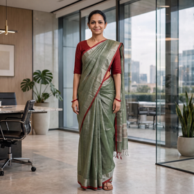Green Bengal Fine Tissue Zari Saree, draped and worn by a woman, AI visual of the saree, iTokri