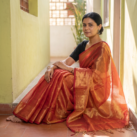 Red Bengal Fine Tissue Zari Saree, draped and worn by a woman, AI visual of the saree, iTokri
