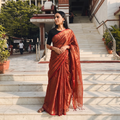 Maroon Bengal Fine Tissue Zari Saree, draped and worn by a woman, AI visual of the saree, iTokri