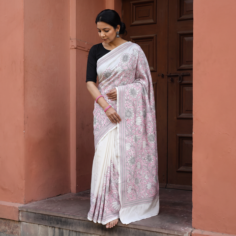 Pink Bengal Hand Embroidered Bangalore Silk Pure Handloom Kantha Saree, draped and worn by a woman, AI visual of the saree, iTokri