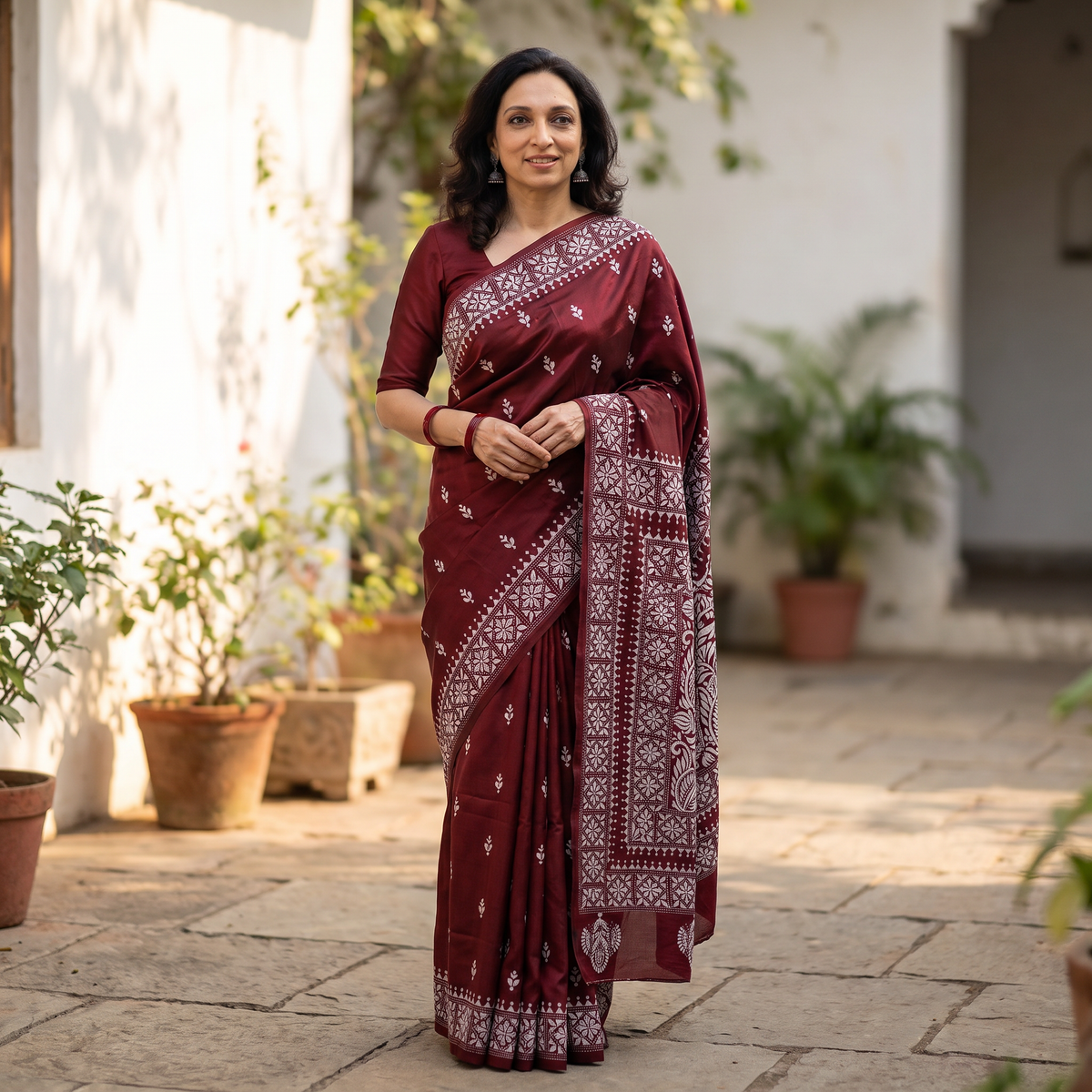 Maroon Bengal Hand Embroidered Bangalore Silk Pure Handloom Kantha Saree, draped and worn by a woman, AI visual of the saree, iTokri