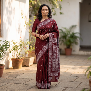 Maroon Bengal Hand Embroidered Bangalore Silk Pure Handloom Kantha Saree, draped and worn by a woman, AI visual of the saree, iTokri