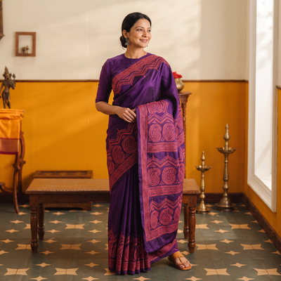 Purple Bengal Hand Embroidered Bangalore Silk Pure Handloom Kantha Saree, draped and worn by a woman, AI visual of the saree, iTokri