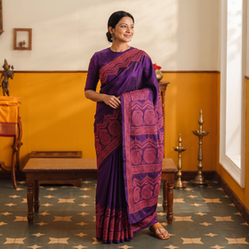 Purple Bengal Hand Embroidered Bangalore Silk Pure Handloom Kantha Saree, draped and worn by a woman, AI visual of the saree, iTokri