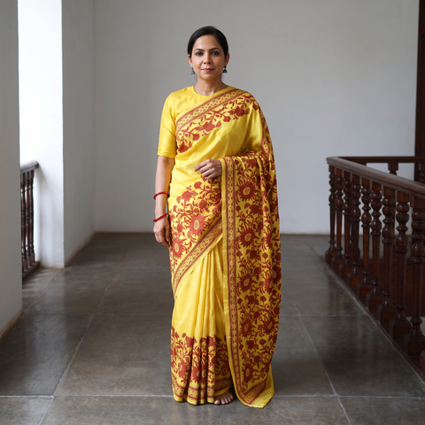 Yellow Bengal Hand Embroidered Bangalore Silk Pure Handloom Kantha Saree, draped and worn by a woman, AI visual of the saree, iTokri