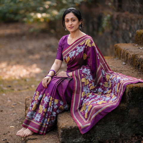 Purple Bengal Hand Embroidered Bangalore Silk Pure Handloom Kantha Saree, draped and worn by a woman, AI visual of the saree, iTokri