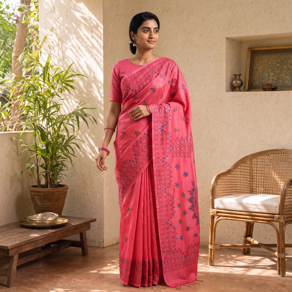 Pink Bengal Hand Embroidered Silk Nakshi Kantha Saree, draped and worn by a woman, AI visual of the saree, iTokri