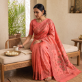 Peach Bengal Hand Embroidered Silk Nakshi Kantha Saree, draped and worn by a woman, AI visual of the saree, iTokri