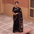 Black Bengal Hand Embroidery Banarasi Silk Handloom Kantha Saree, draped and worn by a woman, AI visual of the saree, iTokri