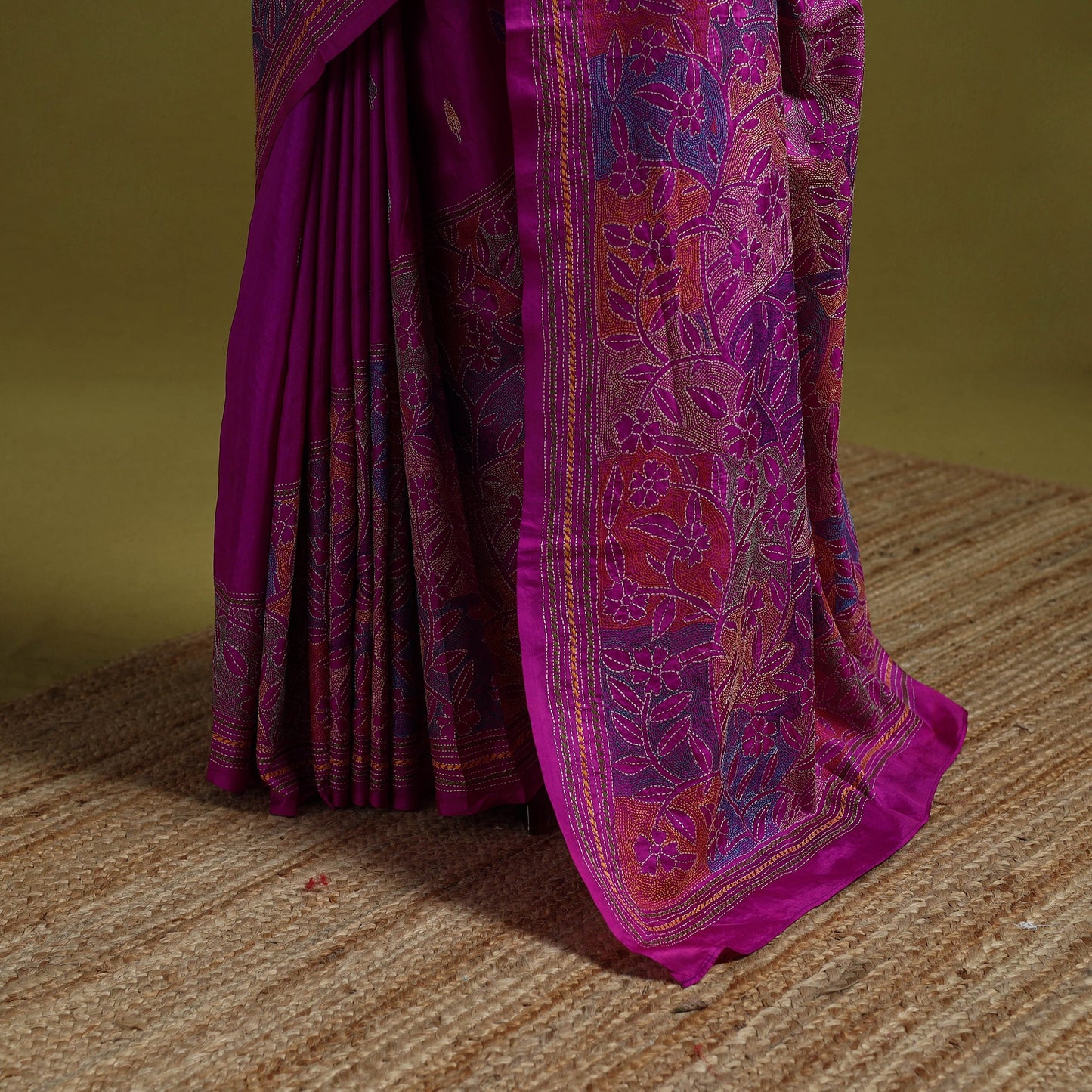 Bengal hand embroidery bangalore silk handloom kantha saree
