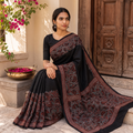 Black Bengal Hand Embroidery Bangalore Silk Handloom Kantha Saree, draped and worn by a woman, AI visual of the saree, iTokri