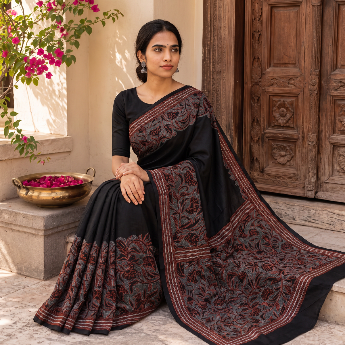 Black Bengal Hand Embroidery Bangalore Silk Handloom Kantha Saree, draped and worn by a woman, AI visual of the saree, iTokri