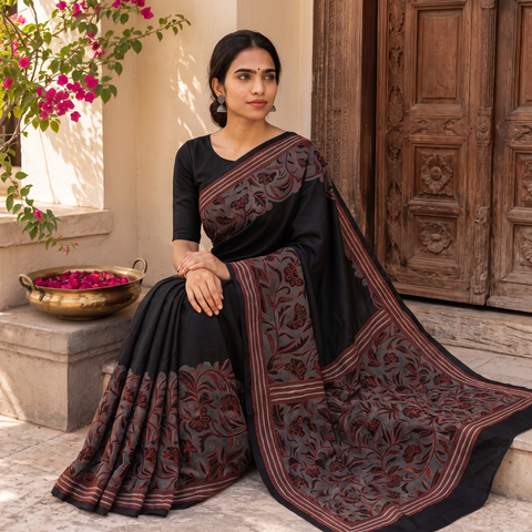 Black Bengal Hand Embroidery Bangalore Silk Handloom Kantha Saree, draped and worn by a woman, AI visual of the saree, iTokri