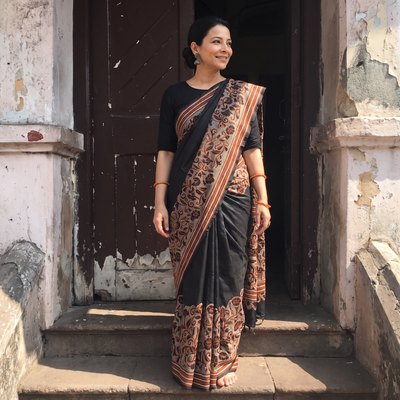 Black Bengal Hand Embroidery Bangalore Silk Handloom Kantha Saree, draped and worn by a woman, AI visual of the saree, iTokri