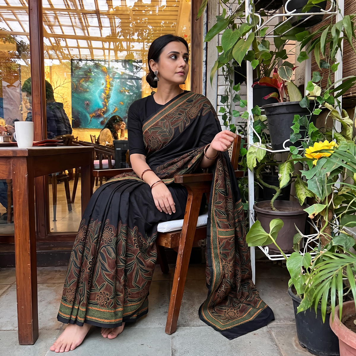 Black Bengal Hand Embroidery Bangalore Silk Handloom Kantha Saree, draped and worn by a woman, AI visual of the saree, iTokri