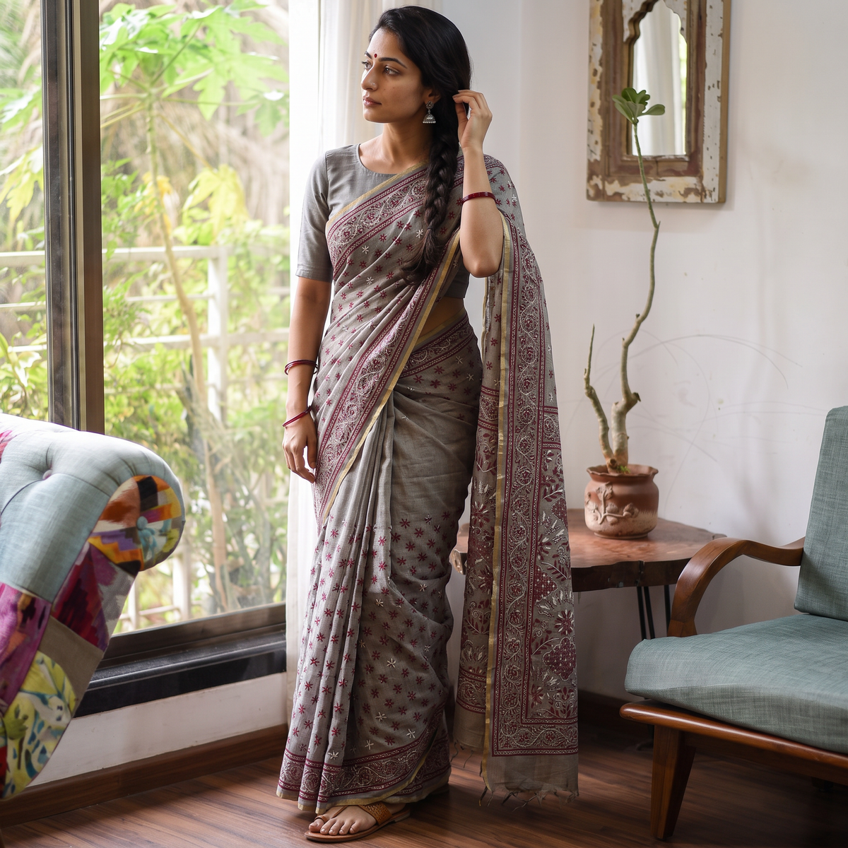 Grey Bengal Hand Embroidery Silk Cotton Kantha Saree, draped and worn by a woman, AI visual of the saree, iTokri