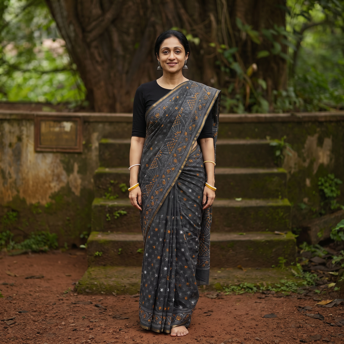 Black Bengal Hand Embroidery Silk Cotton Kantha Saree, draped and worn by a woman, AI visual of the saree, iTokri