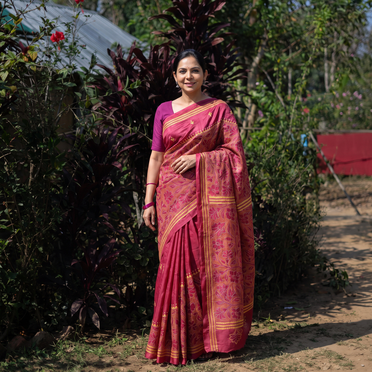 Pink Bengal Hand Embroidery Tussar Silk Handloom Kantha Saree, draped and worn by a woman, AI visual of the saree, iTokri