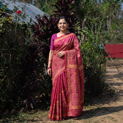Pink Bengal Hand Embroidery Tussar Silk Handloom Kantha Saree, draped and worn by a woman, AI visual of the saree, iTokri