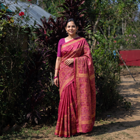 Pink Bengal Hand Embroidery Tussar Silk Handloom Kantha Saree, draped and worn by a woman, AI visual of the saree, iTokri