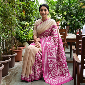 Pink Bengal Hand Embroidery Tussar Silk Handloom Kantha Saree, draped and worn by a woman, AI visual of the saree, iTokri