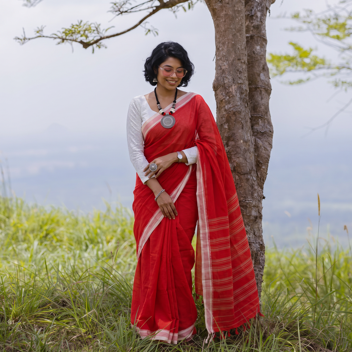 Red Bengal Handwoven Cotton Begumpuri Saree, draped and worn by a woman, AI visual of the saree, iTokri