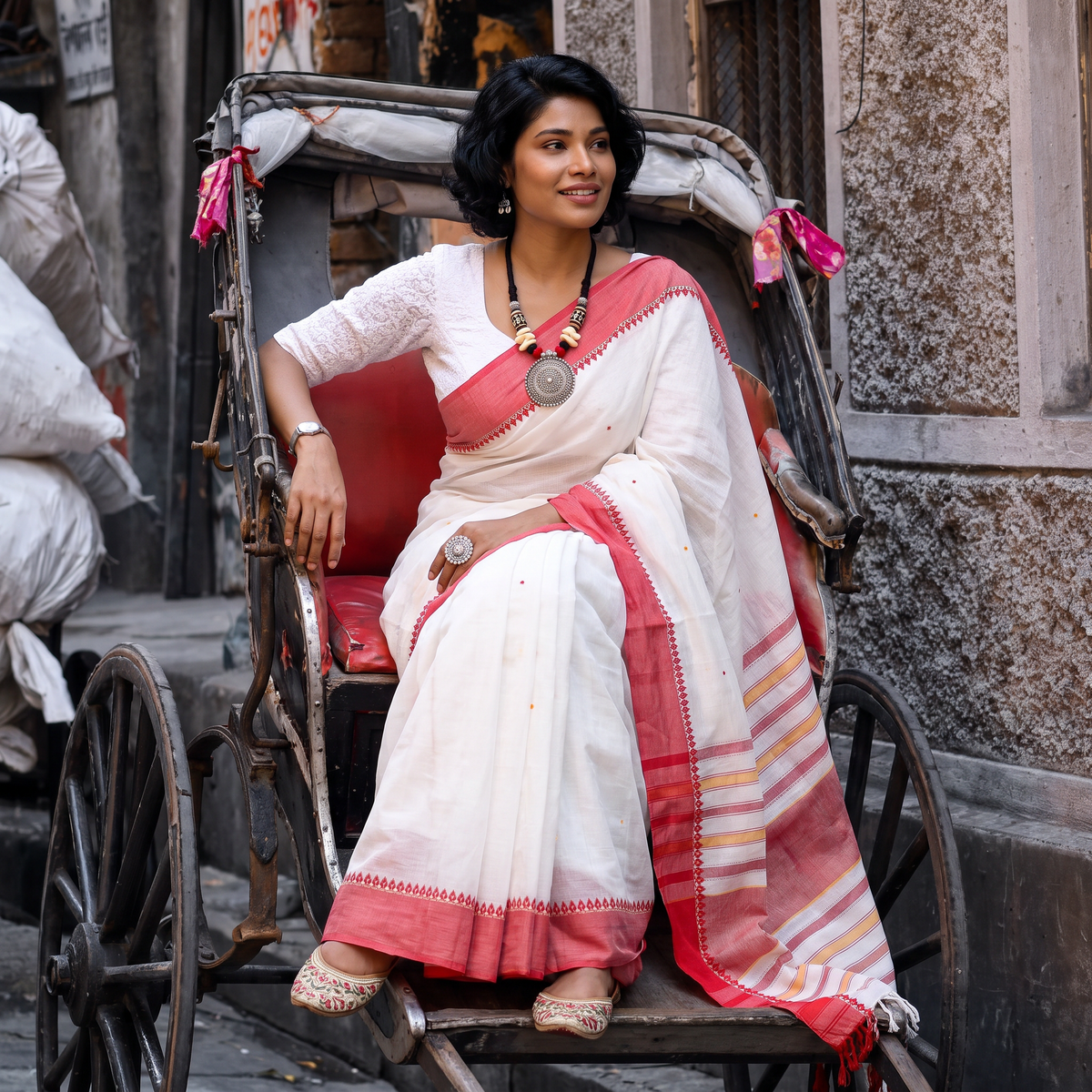 White Bengal Handwoven Cotton Begumpuri Saree, draped and worn by a woman, AI visual of the saree, iTokri