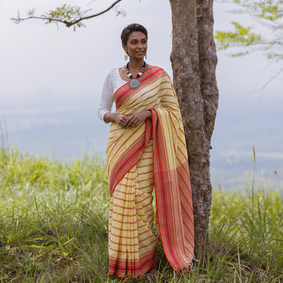 Yellow Bengal Handwoven Cotton Begumpuri Saree, draped and worn by a woman, AI visual of the saree, iTokri