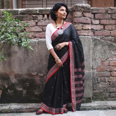 Black Bengal Handwoven Cotton Begumpuri Saree, draped and worn by a woman, AI visual of the saree, iTokri