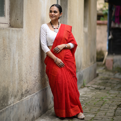 Red Bengal Handwoven Cotton Begumpuri Saree, draped and worn by a woman, AI visual of the saree, iTokri