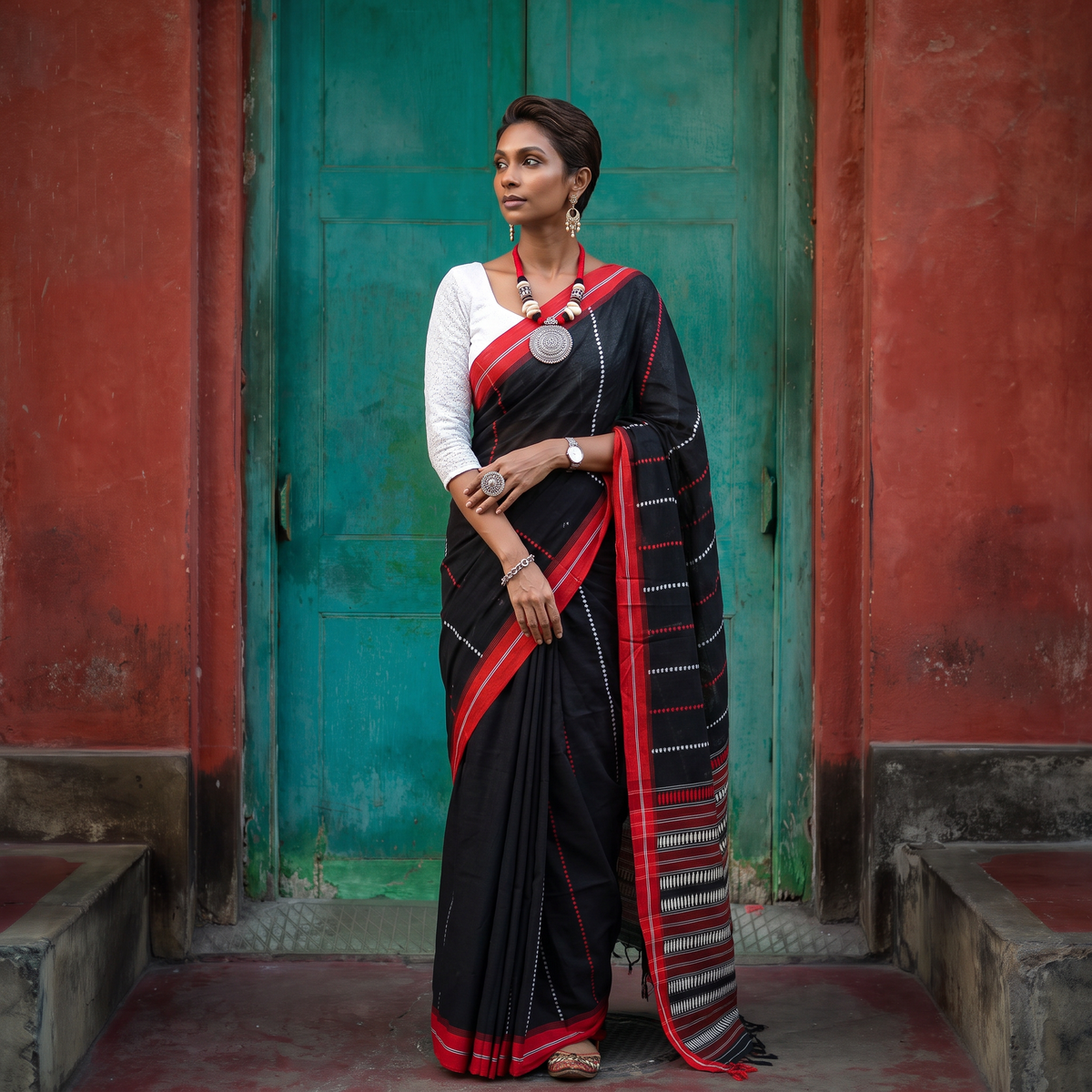 Black Bengal Handwoven Cotton Begumpuri Saree, draped and worn by a woman, AI visual of the saree, iTokri