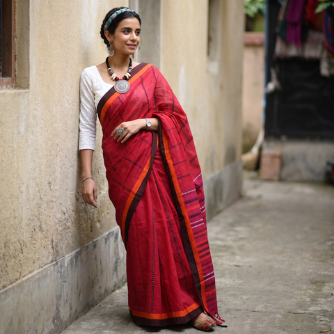 Pink Bengal Handwoven Cotton Begumpuri Saree, draped and worn by a woman, AI visual of the saree, iTokri