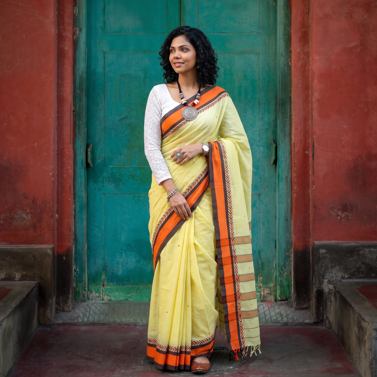 Yellow Bengal Handwoven Cotton Begumpuri Saree, draped and worn by a woman, AI visual of the saree, iTokri