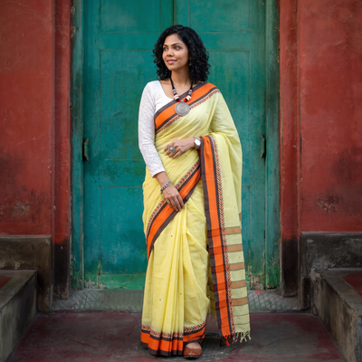 Yellow Bengal Handwoven Cotton Begumpuri Saree, draped and worn by a woman, AI visual of the saree, iTokri