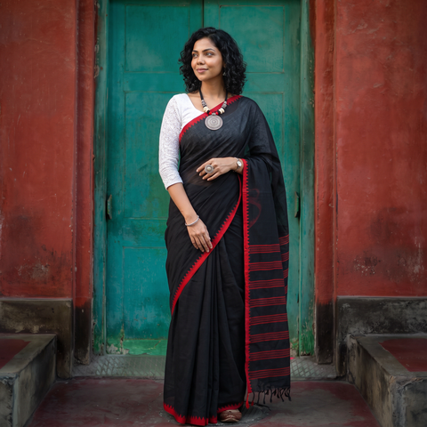 Black Bengal Handwoven Cotton Begumpuri Saree, draped and worn by a woman, AI visual of the saree, iTokri