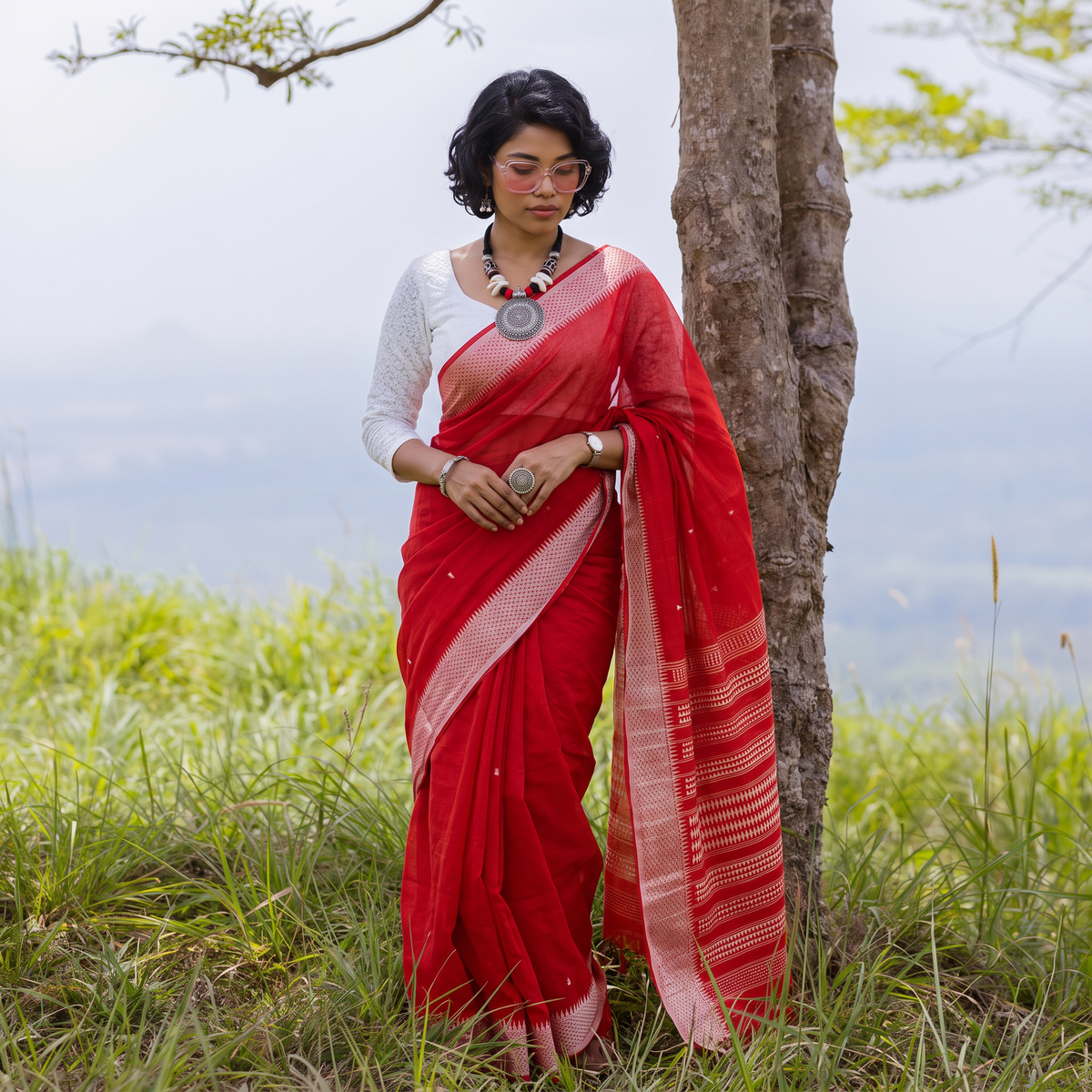 Red Bengal Handwoven Cotton Begumpuri Saree, draped and worn by a woman, AI visual of the saree, iTokri