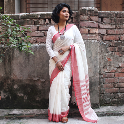 White Bengal Handwoven Cotton Begumpuri Saree, draped and worn by a woman, AI visual of the saree, iTokri
