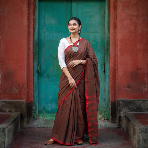Brown Bengal Handwoven Cotton Begumpuri Saree, draped and worn by a woman, AI visual of the saree, iTokri