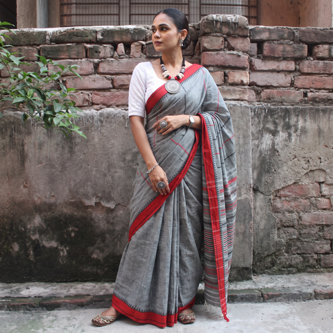 Grey Bengal Handwoven Cotton Begumpuri Saree, draped and worn by a woman, AI visual of the saree, iTokri
