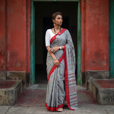 Grey Bengal Handwoven Cotton Begumpuri Saree, draped and worn by a woman, AI visual of the saree, iTokri