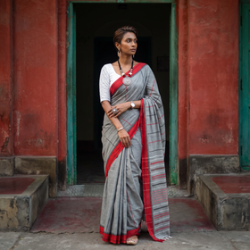 Grey Bengal Handwoven Cotton Begumpuri Saree, draped and worn by a woman, AI visual of the saree, iTokri