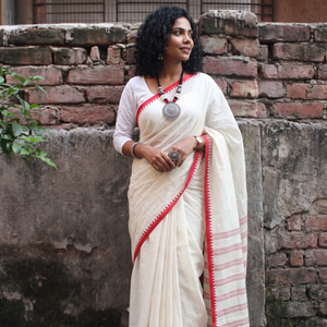 White Bengal Handwoven Cotton Begumpuri Saree, draped and worn by a woman, AI visual of the saree, iTokri