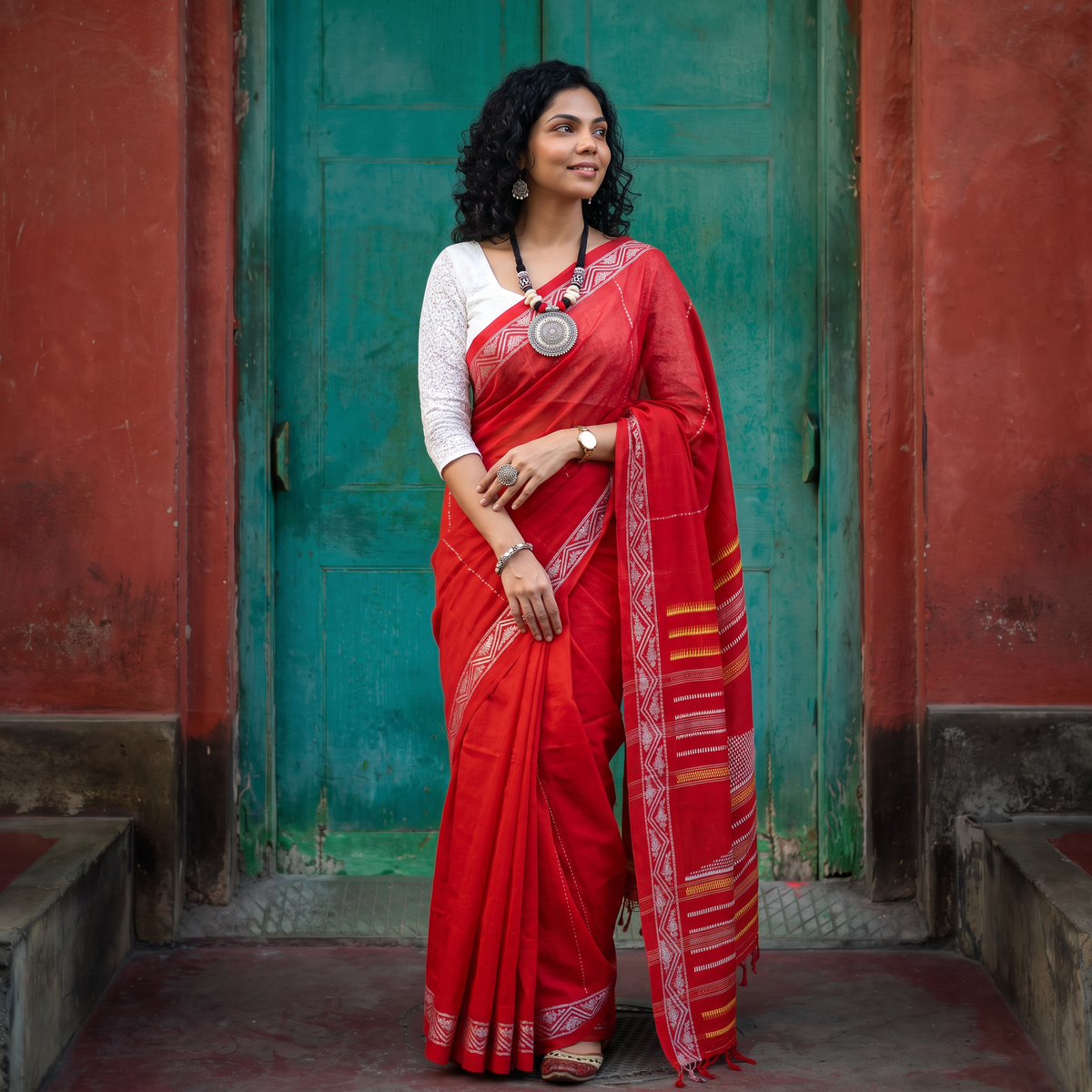 Red Bengal Handwoven Cotton Begumpuri Saree, draped and worn by a woman, AI visual of the saree, iTokri