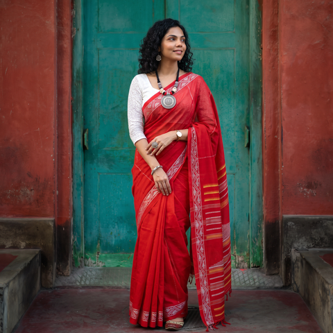 Red Bengal Handwoven Cotton Begumpuri Saree, draped and worn by a woman, AI visual of the saree, iTokri