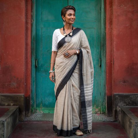 Grey Bengal Handwoven Cotton Begumpuri Saree, draped and worn by a woman, AI visual of the saree, iTokri