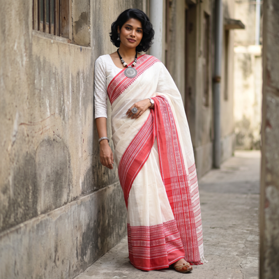 White Bengal Handwoven Cotton Begumpuri Saree, draped and worn by a woman, AI visual of the saree, iTokri