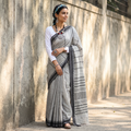 Grey Bengal Handwoven Cotton Begumpuri Saree, draped and worn by a woman, AI visual of the saree, iTokri