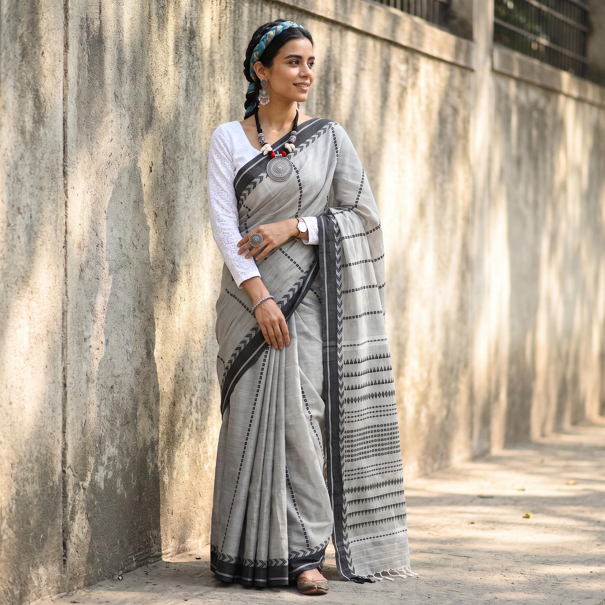 Grey Bengal Handwoven Cotton Begumpuri Saree, draped and worn by a woman, AI visual of the saree, iTokri